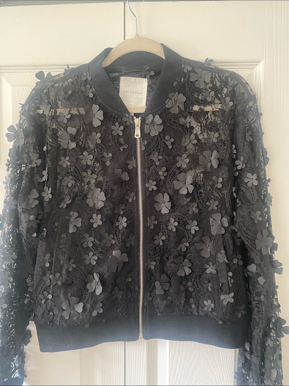 Avec Les Filles Black Lace Bomber Jacket with 3D Floral Appliqués